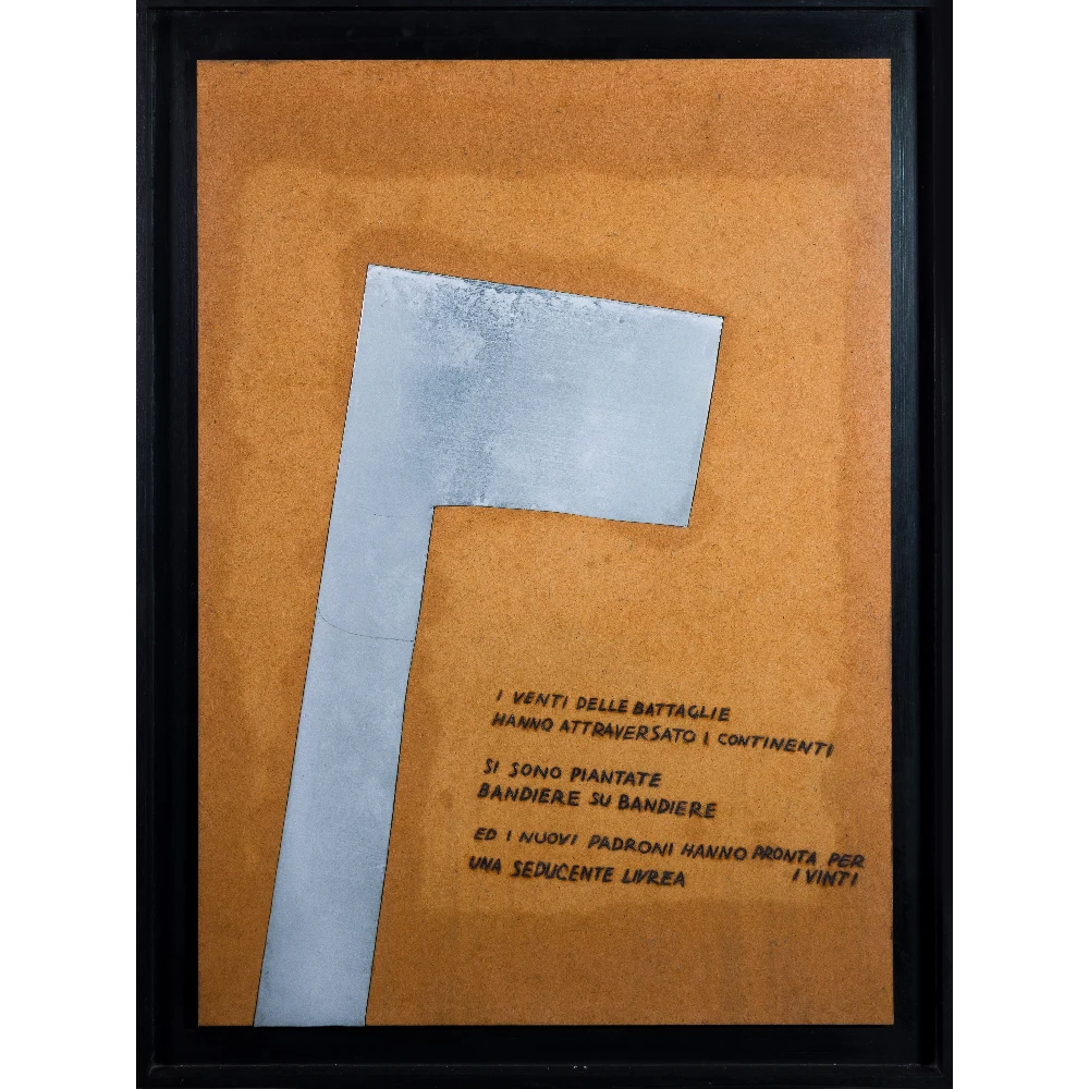 CARLO BATTISTI - Bandiera - 2008 - Tarsia di lamiera di zinco sbalzata e masonite sagomata con testo inciso a fuoco copia